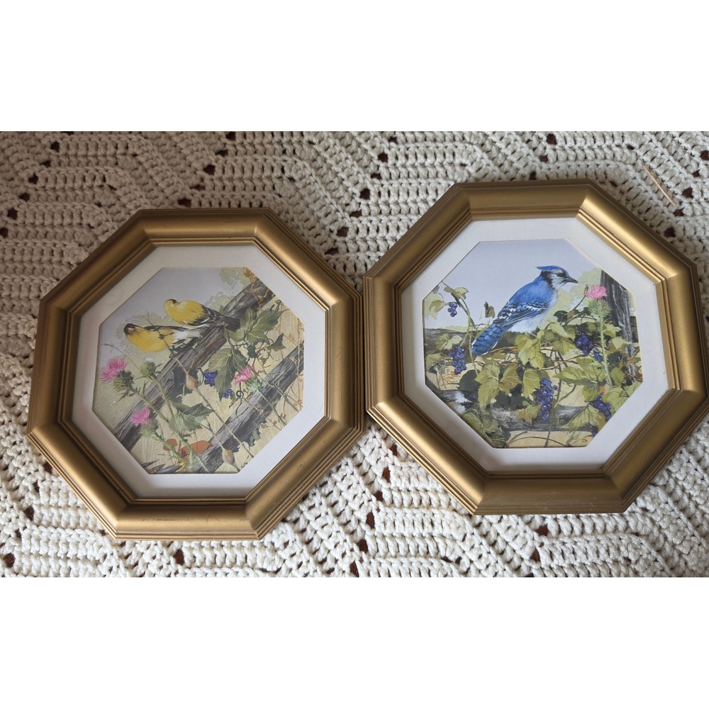 Vintage 1974 Homco Gold Octagon Framed Bird Prints Blue Jay Goldfinch Set of 2